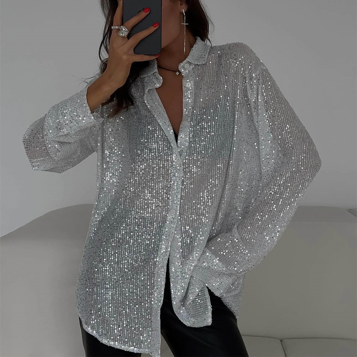 Women's Sequin Lapel Long Sleeve Shirt