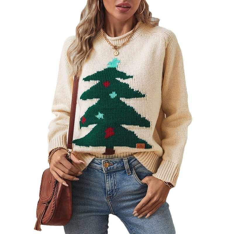 Christmas Tree Round Neck Pullover – Festive and Cozy Women's Sweater