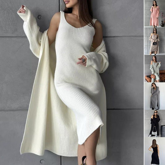 Women's 2-Piece Knitted Slim Suit – Sleeveless Long Dress &amp; Loose Cardigan