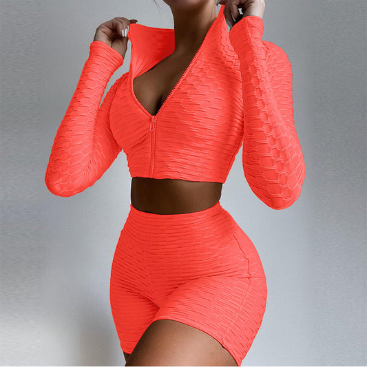 Women's Zipper Stand Collar Crop Top &amp; High-Waist Shorts Tracksuit