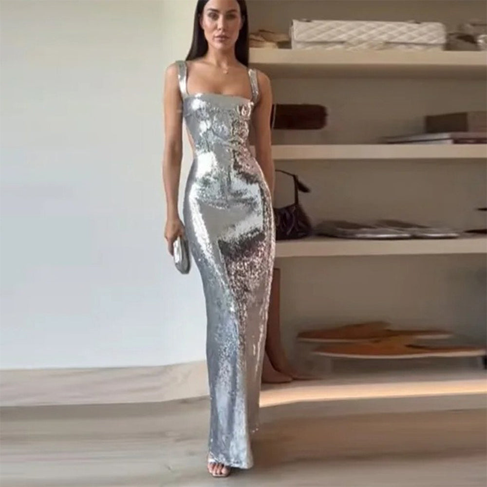 Woman's Silver Sequins Halter Sheath Dress