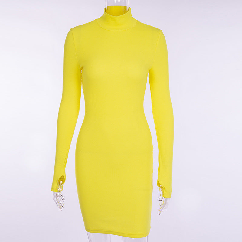 Solid Color Long Sleeve Turtleneck Dress