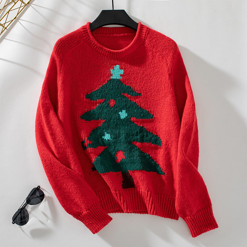 Christmas Tree Round Neck Pullover – Festive and Cozy Women's Sweater