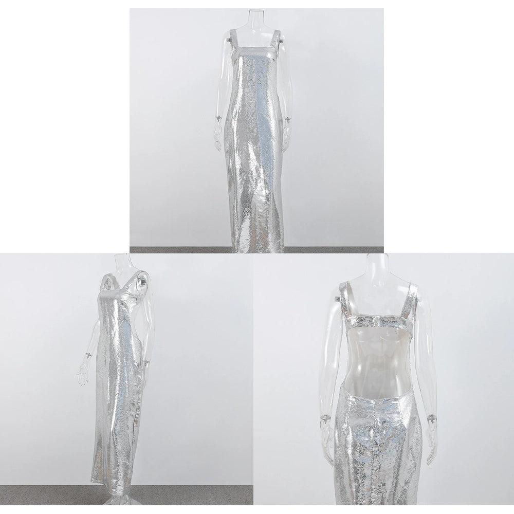 Woman's Silver Sequins Halter Sheath Dress