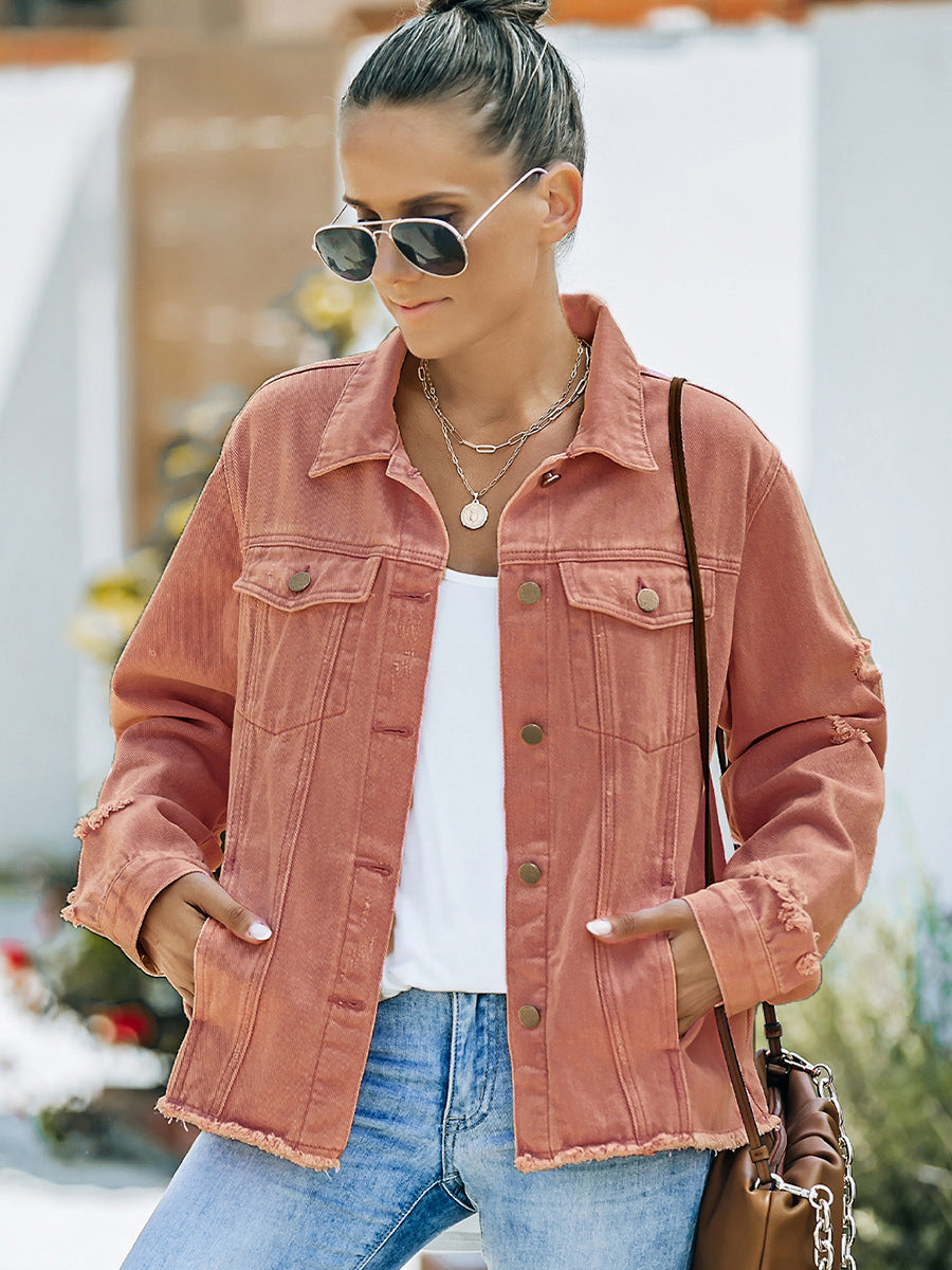 Washed Denim Lapel Cardigan Jacket | European & American Street Style