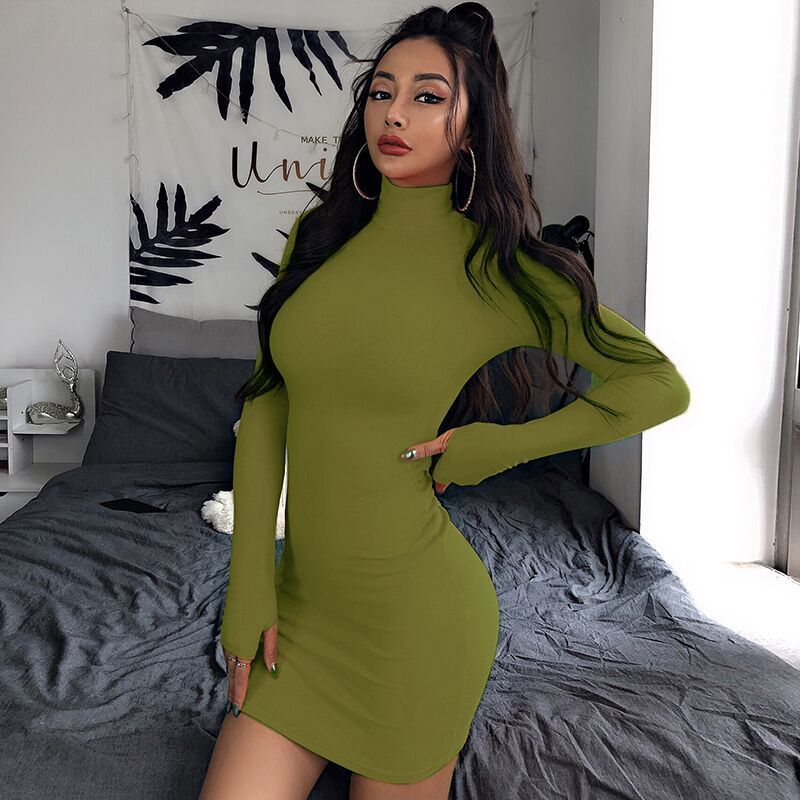 Solid Color Long Sleeve Turtleneck Dress