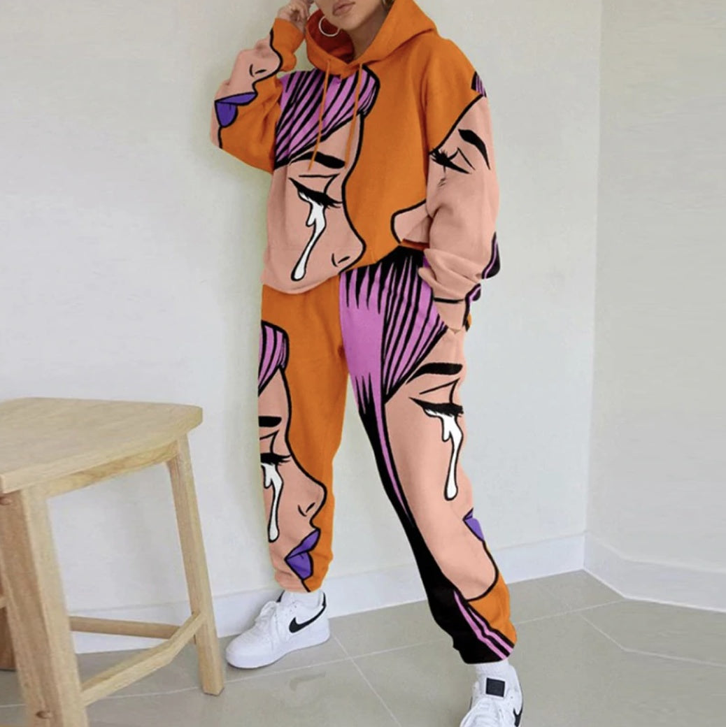 Casual Hooded Loose Printed Sweatshirt & Wide-Leg Pants Set