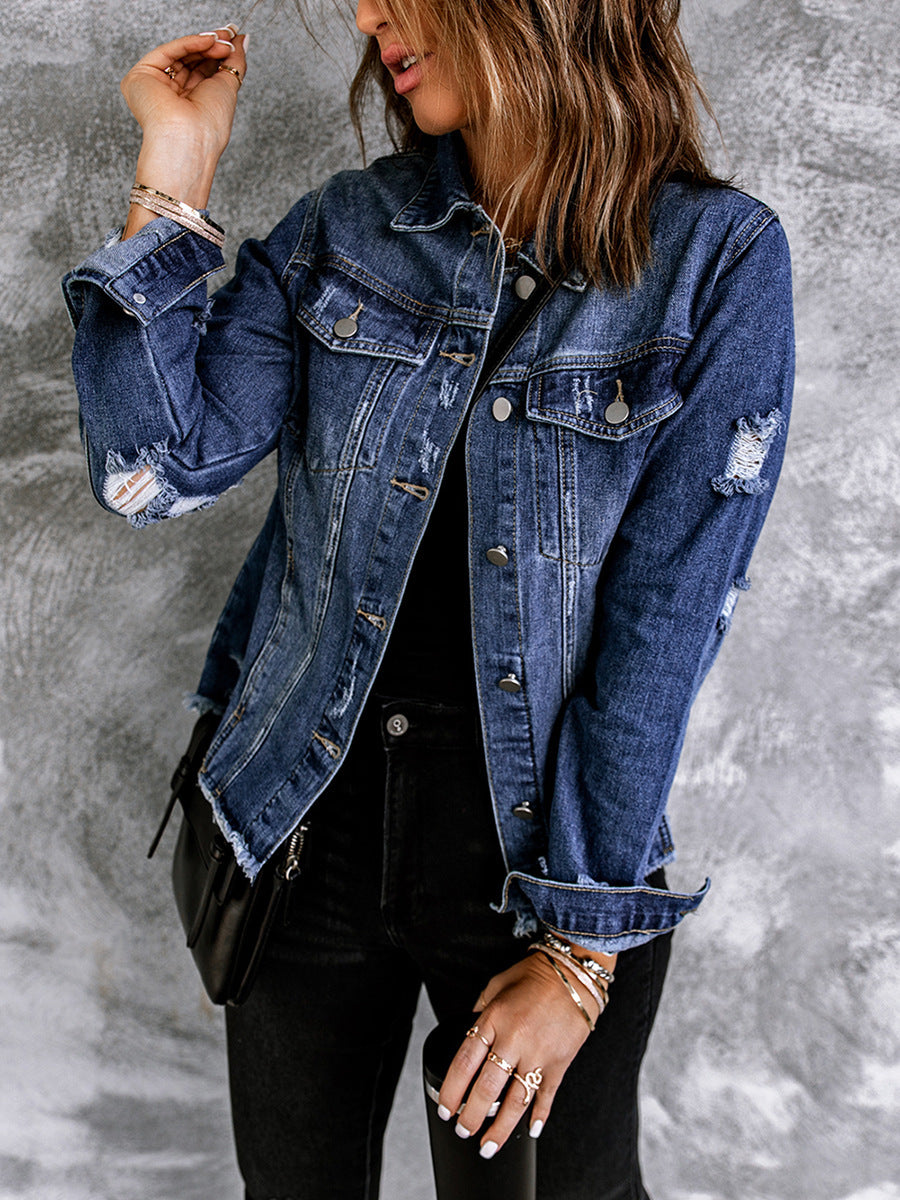 Washed Denim Lapel Cardigan Jacket | European & American Street Style