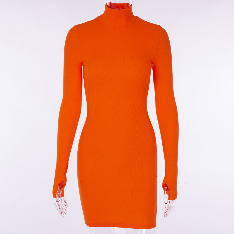 Solid Color Long Sleeve Turtleneck Dress