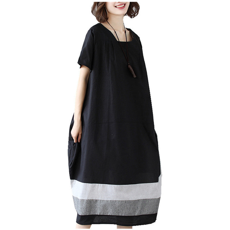 Cotton and Linen Short Sleeve Dress Large Size Women's Mid Length