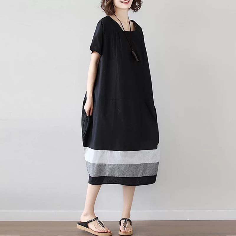 Cotton and Linen Short Sleeve Dress Large Size Women's Mid Length