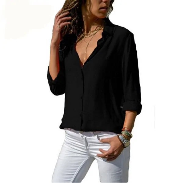 Summer Women's White Chiffon Blouse - Long Sleeve Button-Up