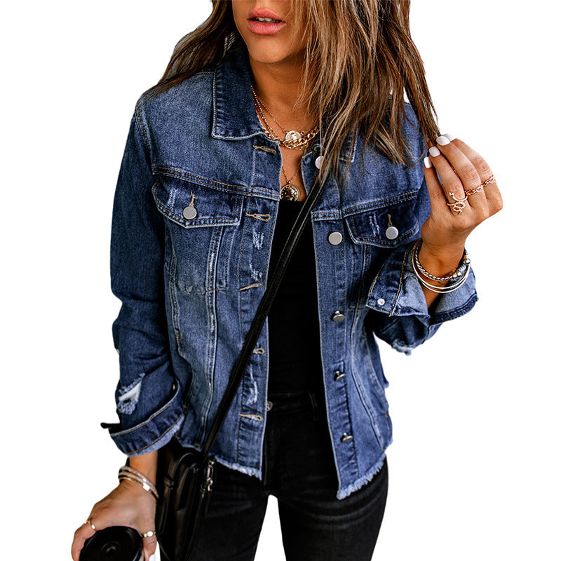 Washed Denim Lapel Cardigan Jacket | European & American Street Style