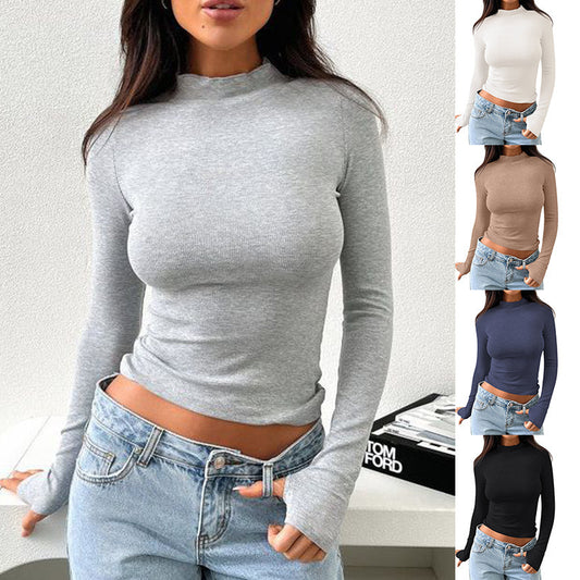 Women's Slim Fit Half-High Collar Long Sleeve Thumb Hole T-Shirt