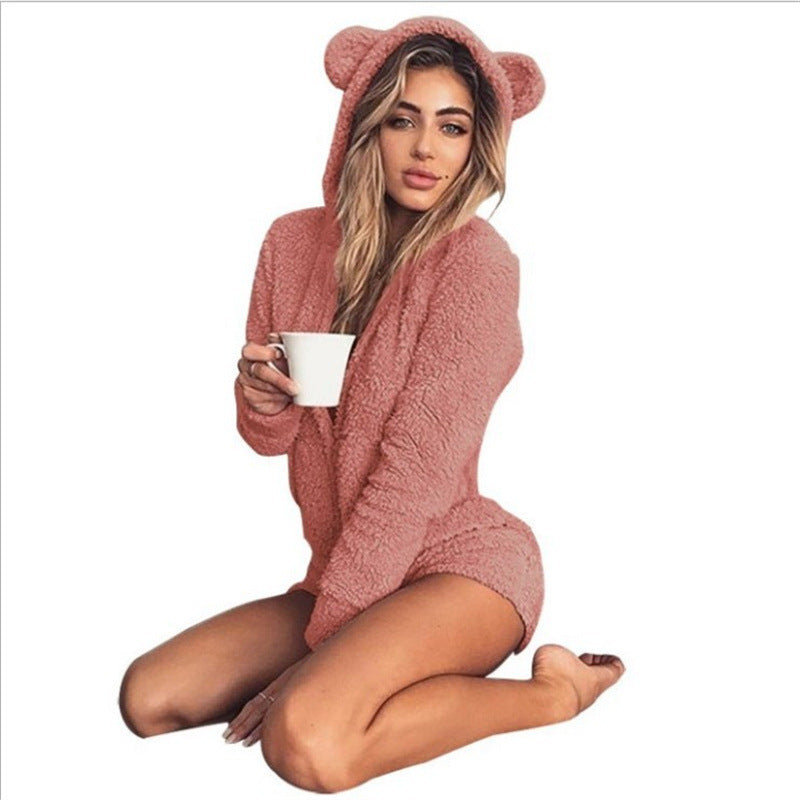 Plush Solid Color Long Sleeve Hooded Women's Jumpsuit