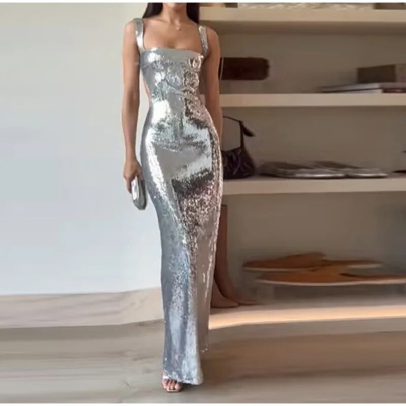 Woman's Silver Sequins Halter Sheath Dress