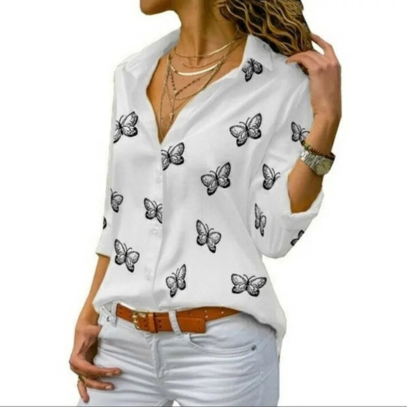 Summer Women's White Chiffon Blouse - Long Sleeve Button-Up