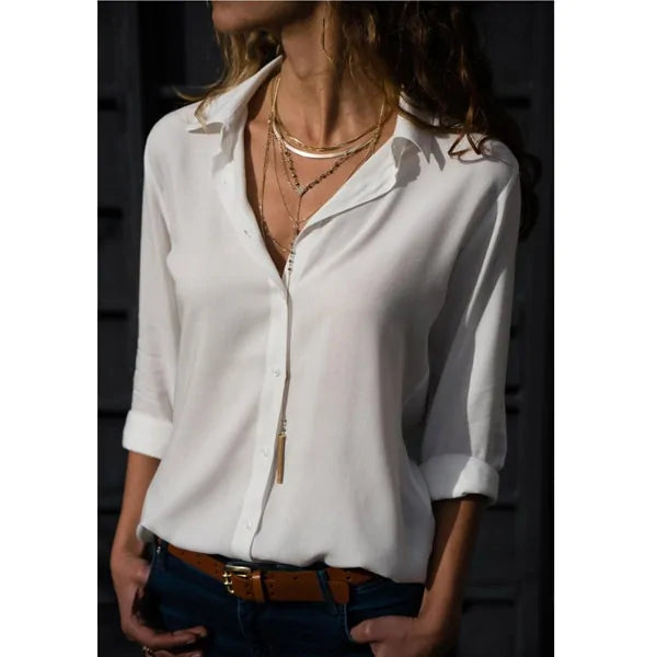 Summer Women's White Chiffon Blouse - Long Sleeve Button-Up