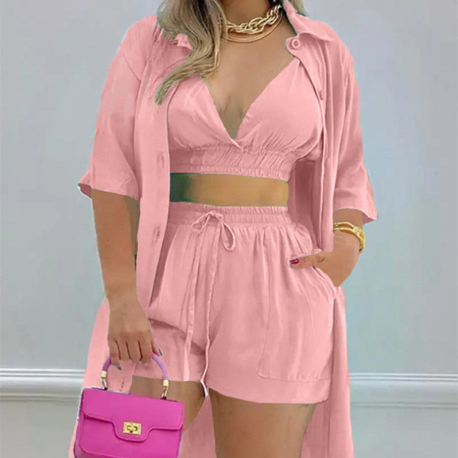 Women's Fashion Casual Solid Color Single-Breasted Shirt & Shorts Set