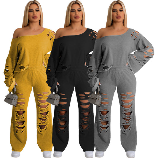 Women's Ripped Loose Sweater Two-Piece Suit – Trendy and Comfortable