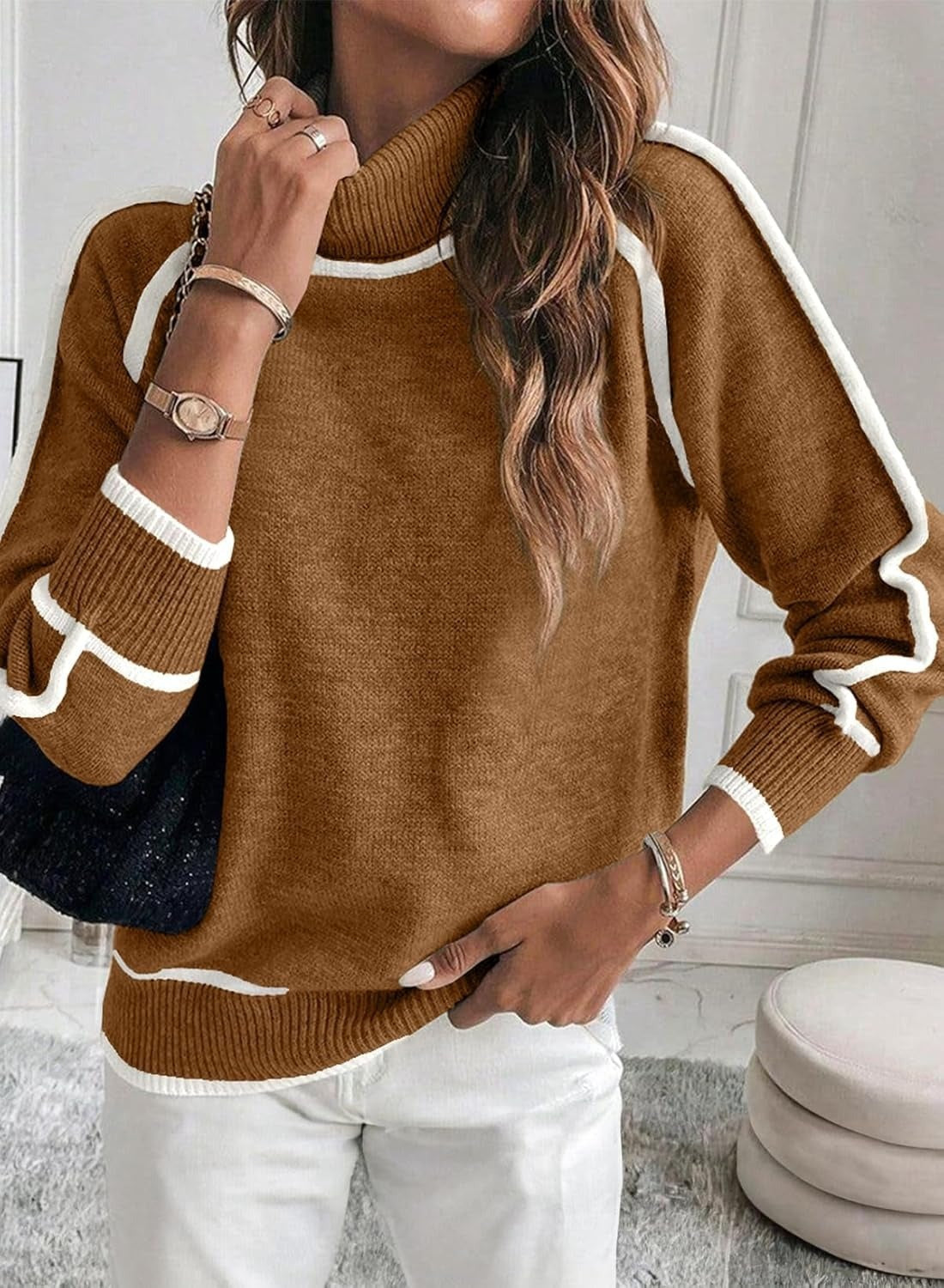 Autumn & Winter High-Neck Color-Matching Knit Sweater