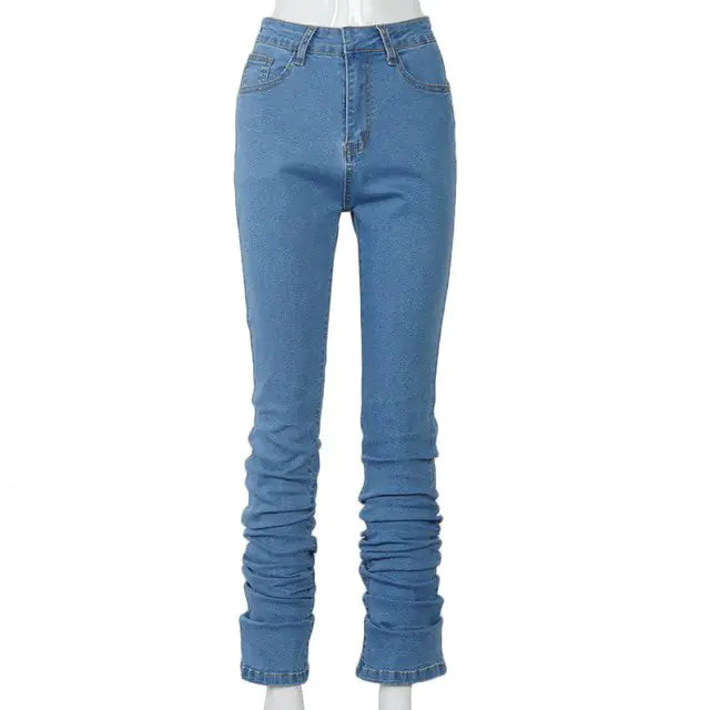 High Waist Stacked Blue Denim Skinny Jeans