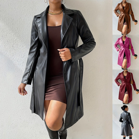 Women's Long Sleeve Lapel PU Leather Jacket – Stylish Slim Fit Trench Coat