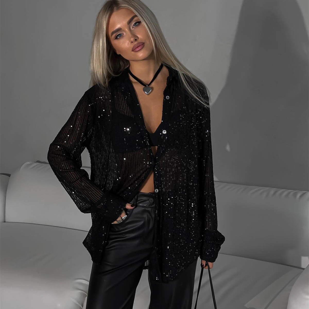 Women's Sequin Lapel Long Sleeve Shirt