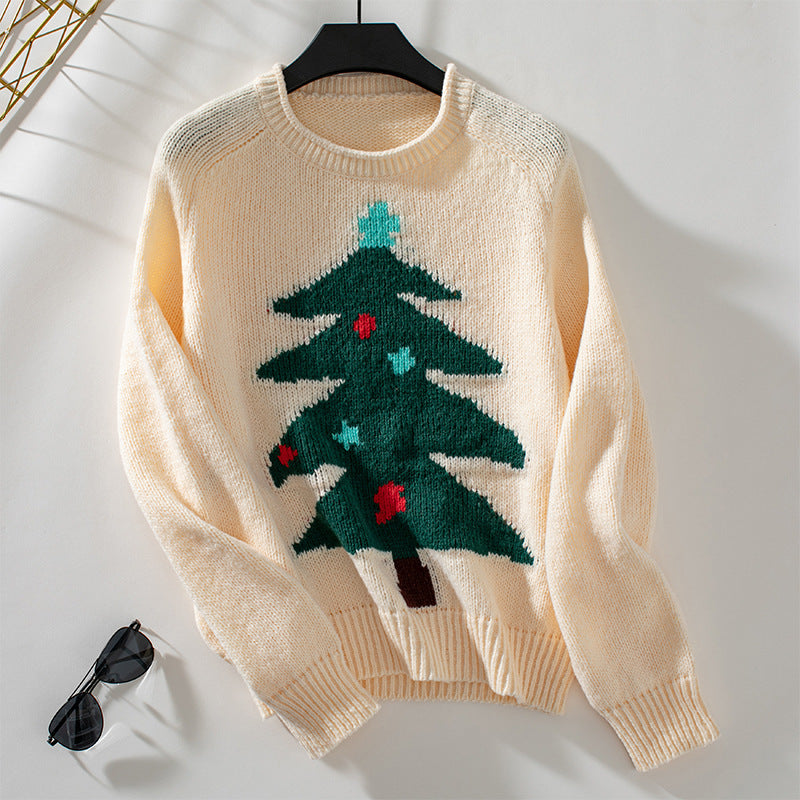 Christmas Tree Round Neck Pullover – Festive and Cozy Women's Sweater