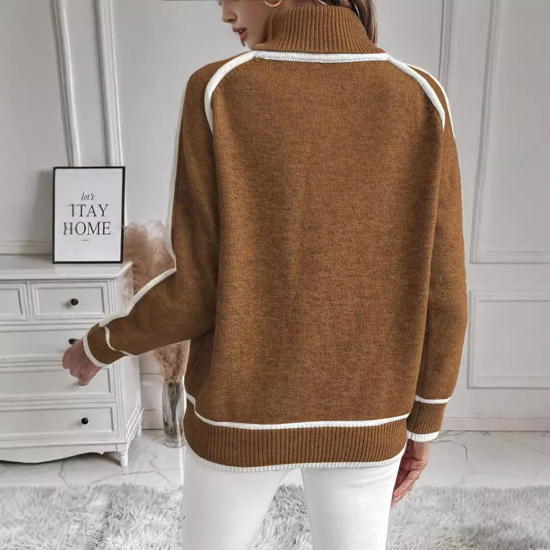 Autumn & Winter High-Neck Color-Matching Knit Sweater