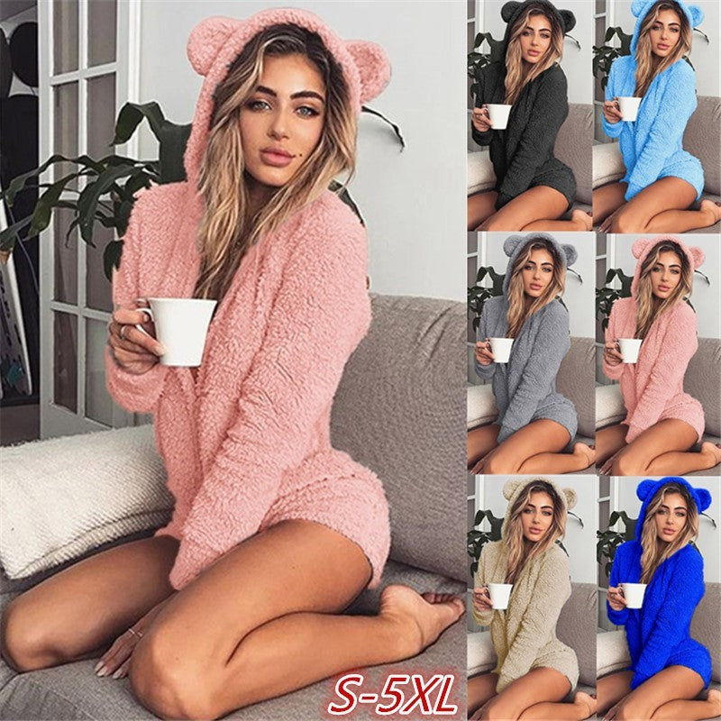 Plush Solid Color Long Sleeve Hooded Women's Jumpsuit