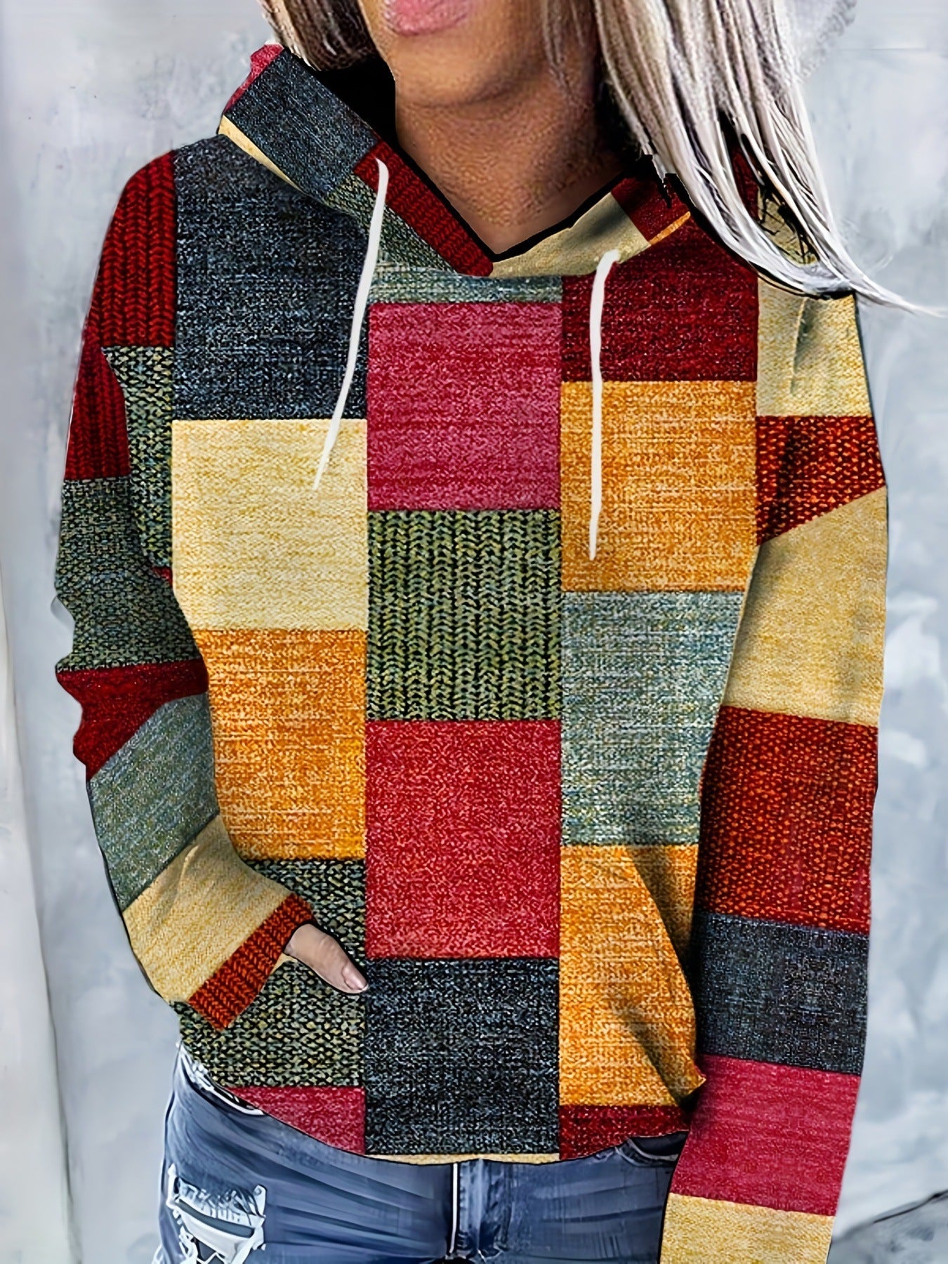 Vintage Plaid Hooded Sweatshirt with Drawstring