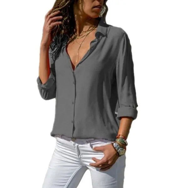 Summer Women's White Chiffon Blouse - Long Sleeve Button-Up