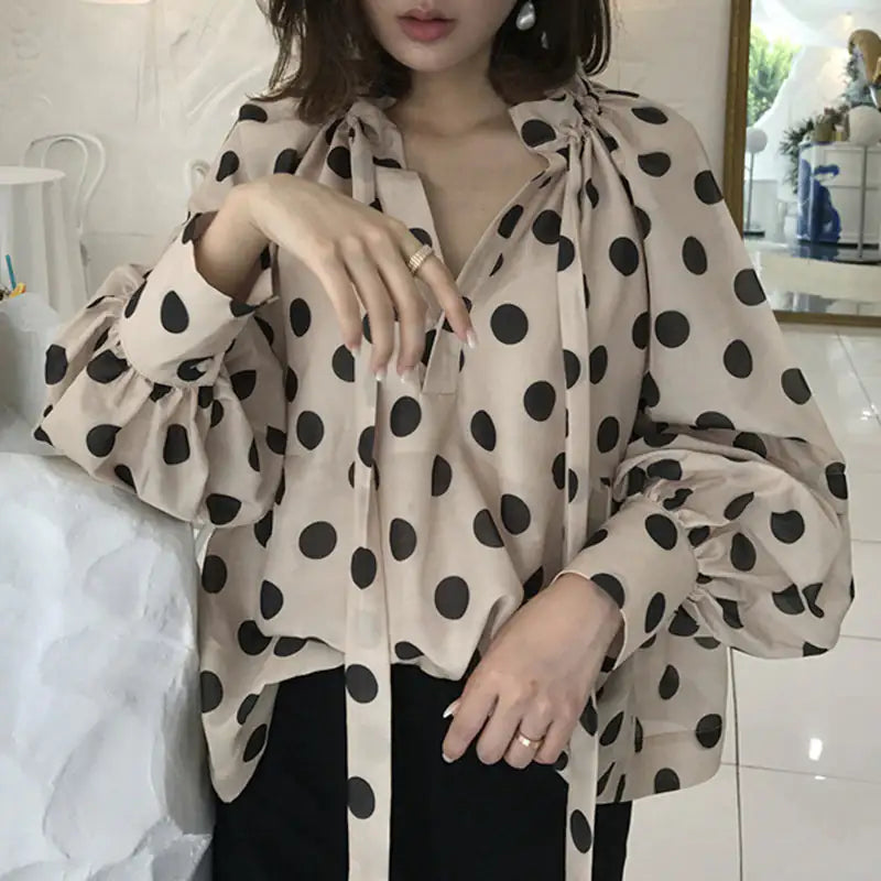 Women's Bow Stand Collar Blouse with Lantern Sleeves